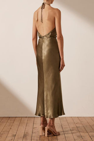 Shona Joy Gala Ruched Dress in Olive. Back