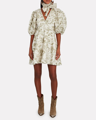 Zimmermann Linen Day Olive Toile Print Mini Dress for Hire. Worn by Model in Boots