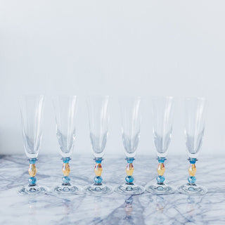 Mikasa 'Kensington' Champagne Flutes Set of 6 - Blue-Amber Notched Stem Crystal Glass