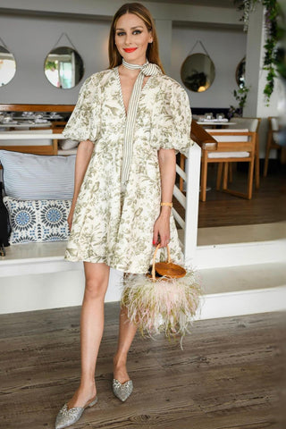 Zimmermann Linen Day Olive Toile Print Mini Dress for Hire. Worn by Olivia Palermo