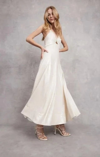 Aje Idyllic Strappy Sequin Ivory Midi Dress for Hire, Front Pose