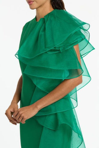 Carla Zampatti Emerald Crepe Ruffle Shoulder Dress