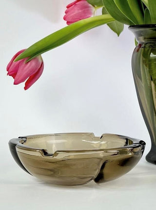 Pressed Glass Smokey Quartz Ashtray, Trinket Dish, Fidenza, Side View