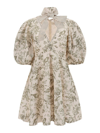 Zimmermann Linen Day Olive Toile Print Mini Dress for Hire