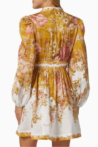 Zimmermann Pattie Plunge Mini Dress in Mustard Floral Back View