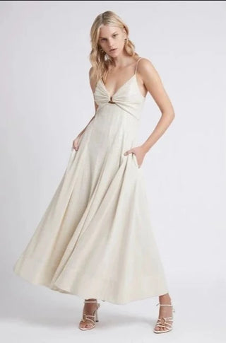 Aje Idyllic Strappy Sequin Ivory Midi Dress for Hire, Front