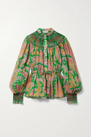 Zimmermann Teddy Smocked Paisley-print Ramie Blouse in Green. Silhouette