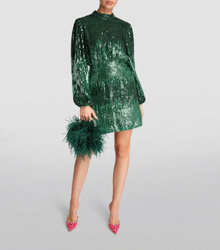 Rixo London Samantha Sequin Mini Dress in Green