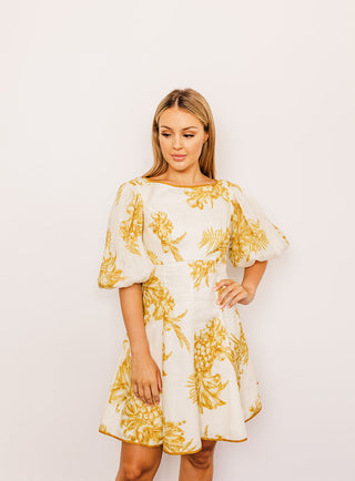 Zimmermann Empire Mini Cream Gold Dress for Hire. Close up