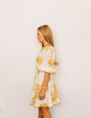 Zimmermann Empire Mini Cream Gold Dress for Hire. Side