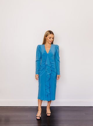 Scanlan Theodore Blue Silk Drape Sleeve Dress  for Hire