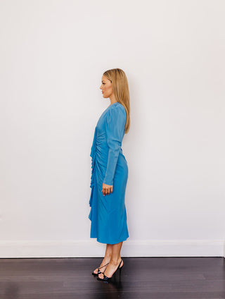 Scanlan Theodore Blue Silk Drape Sleeve Dress  for Hire. Side