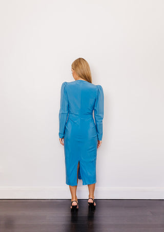 Scanlan Theodore Blue Silk Drape Sleeve Dress  for Hire. Back