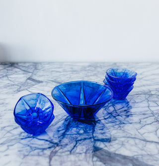 “Sunny” Sapphire Pressed Glass Bowls by B. Kupczyk, Zabkowice Glassworks, Set of 6