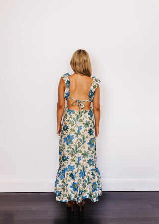 Sir the Label Celia Frill Midi Floral Print Dress for Hire. Back