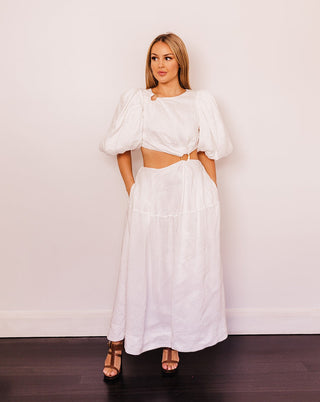 Aje Vanades Cut Out Ring Midi White Dress for Hire, Front 