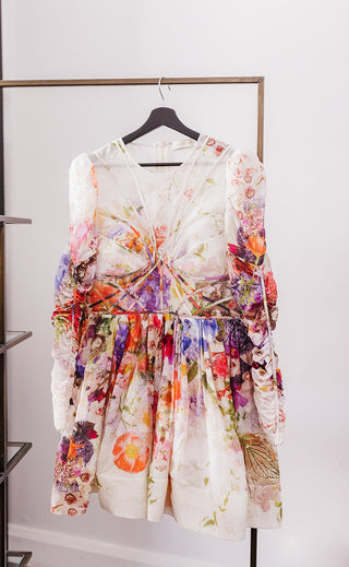 Zimmermann Prima Paneled Floral Mini Dress for Hire. On hanger