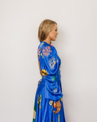 Alemais Soleil One Shoulder Blue Midi Dress for Hire, Side Close up