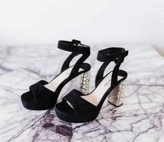 Miu Miu Black Sandals with Crystal Embellished Heel. In Excellent Used Condition. Side View