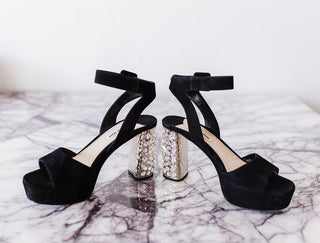 Miu Miu Black Sandals with Crystal Embellished Heel. In Excellent Used Condition. Sides