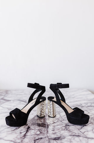 Miu Miu Black Sandals with Crystal Embellished Heel. In Excellent Used Condition